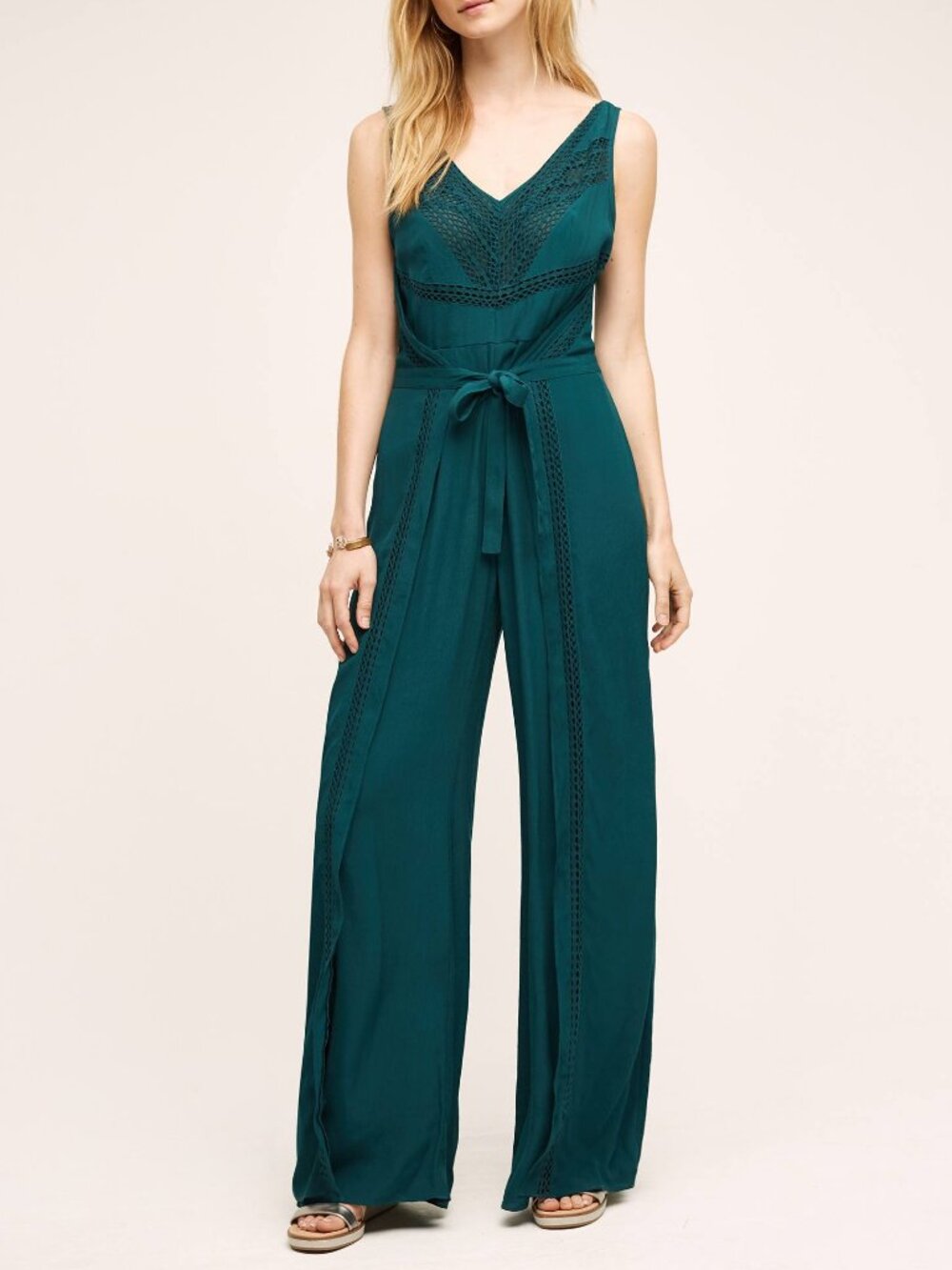 Elevenses Anthropologie Dark Turquoise Sabine Crochet Trim Wide Leg Jumpsuit | 0